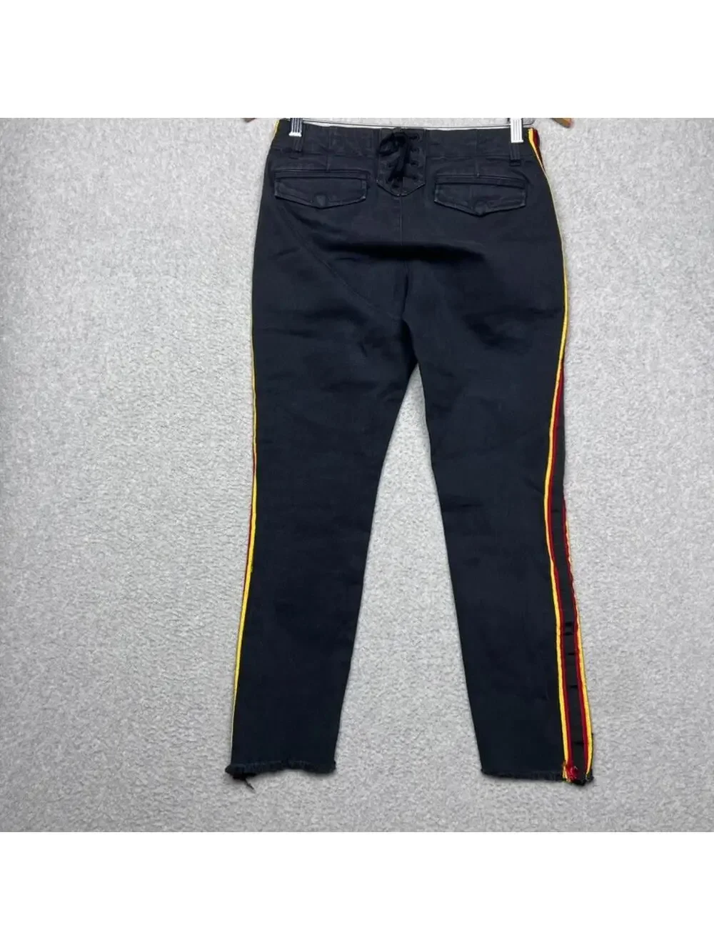 Pam & Gela Racing Stripe Step Hem Jeans Black Red Yellow Side Stripe Womens 25